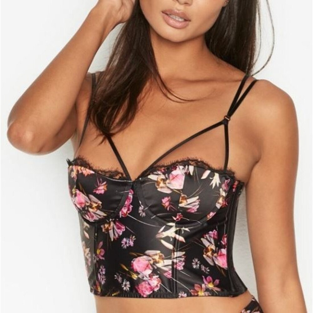 Victoria Secret Very Sexy Black Satin Floral Balconette Corset Bustier Sz 32B